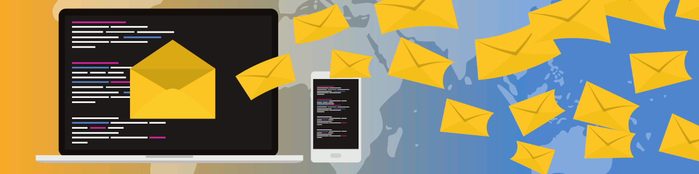 Briefumschläge als Symbol für E-Mails entströmen einem Bildschirm